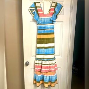 Striped dress with ruffle shoulders, bottom, & attached belt